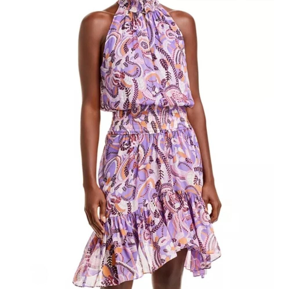 A.L.C. Cody Paisley Purple Sleeveless Ruffled Midi Silk Dress Size 2 XS Highneck
